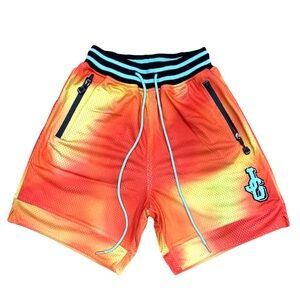 $150 JG CHENILLE LOGO BASKETBALL SHORTS ORANGE SUNSET TIE-DYE s small athletic
